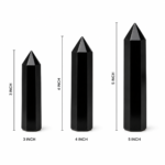 Black Obsidian Protection Pencil crystals displayed in 3, 4, and 5 inch sizes with height measurements on a white background