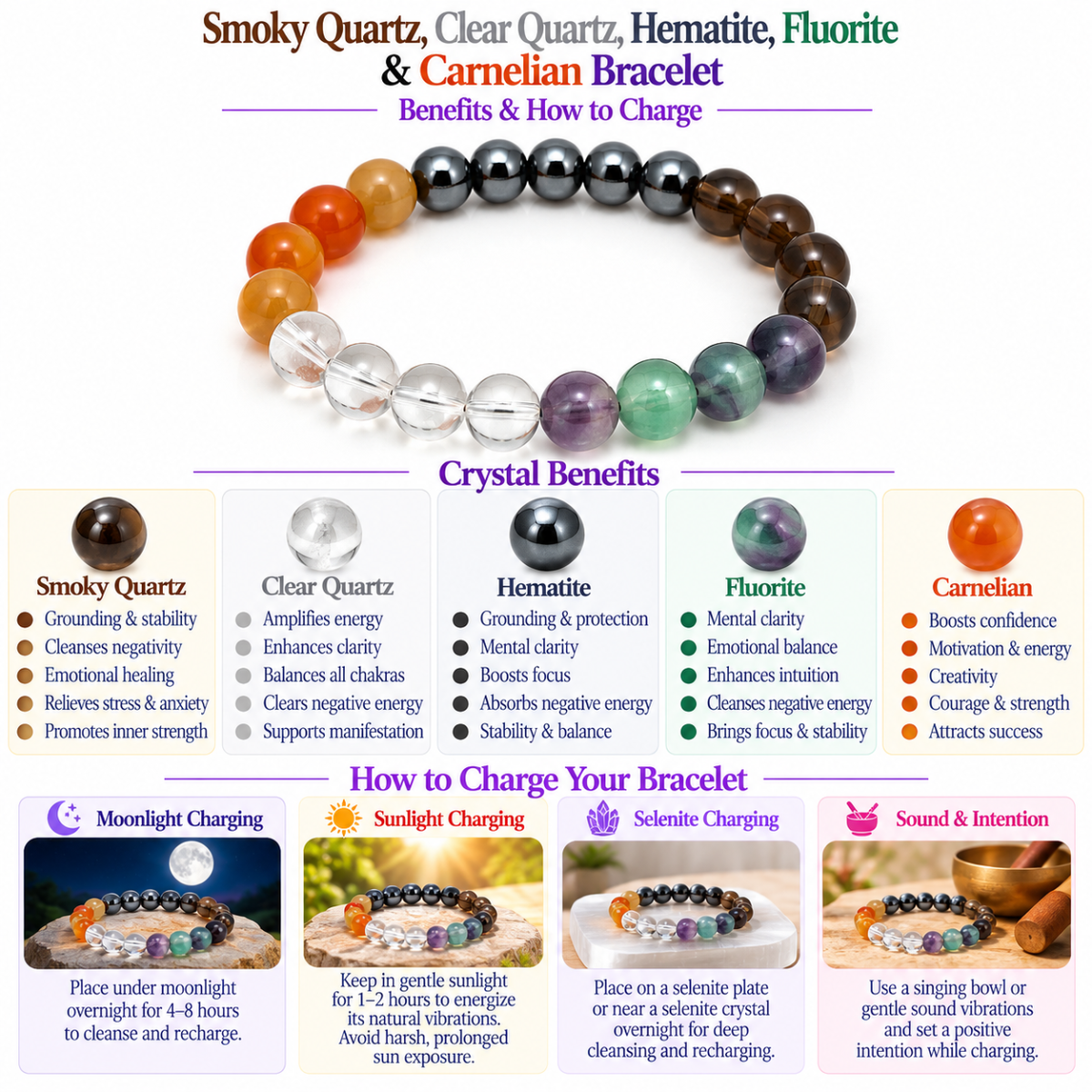 Study Bracelet Combo – Smoky Quartz, Clear Quartz, Hematite, Fluorite & Carnelian - Image 6