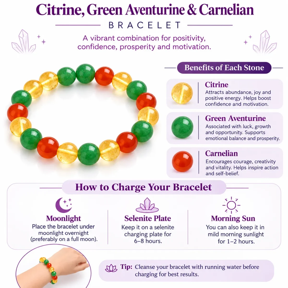 Natural Citrine, Green Aventurine & Carnelian Creativity Crystal Bracelet – Confidence, Inspiration & Positive Energy - Image 3