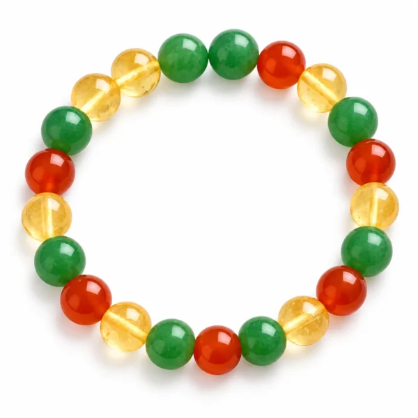 Natural Citrine, Green Aventurine and Carnelian Creativity Crystal Bracelet featuring yellow, green and orange-red round gemstone beads in 8mm and 10mm sizes.