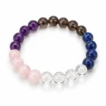 Natural Migraine & Vertigo Support Crystal Bracelet featuring Lapis Lazuli, Rose Quartz, Clear Quartz, Amethyst and Smoky Quartz round gemstone beads in 8mm and 10mm sizes.