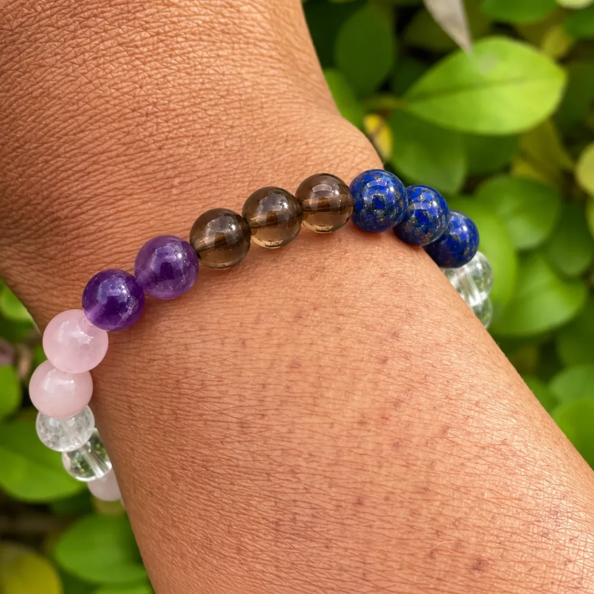 Natural Migraine & Vertigo Support Crystal Bracelet – Lapis Lazuli, Rose Quartz, Clear Quartz, Amethyst & Smoky Quartz | Pure Gems World - Image 2