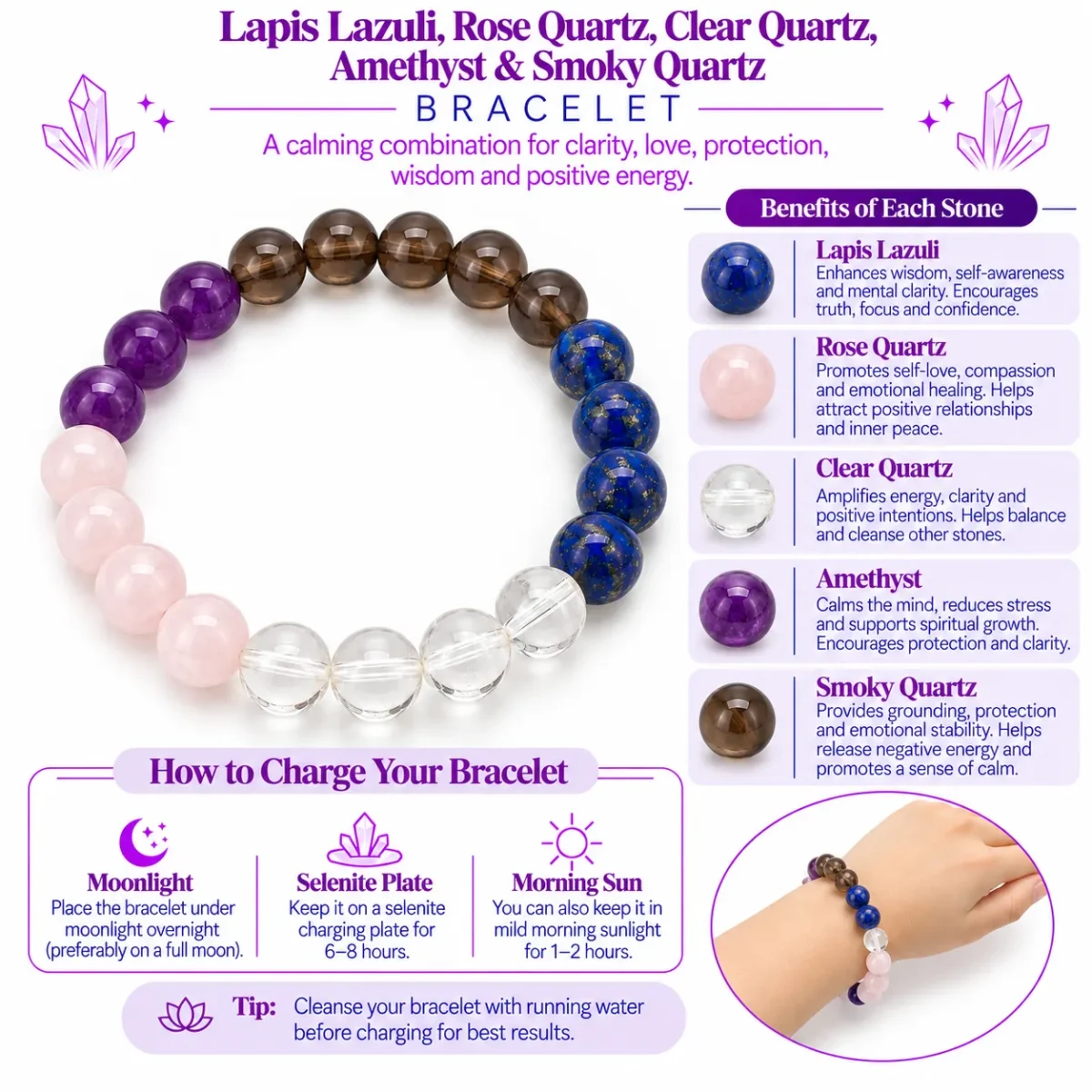 Natural Migraine & Vertigo Support Crystal Bracelet – Lapis Lazuli, Rose Quartz, Clear Quartz, Amethyst & Smoky Quartz | Pure Gems World - Image 3