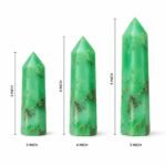 Natural green chrysoprase crystal obelisk towers in 3 inch, 4 inch and 5 inch sizes showing height comparison