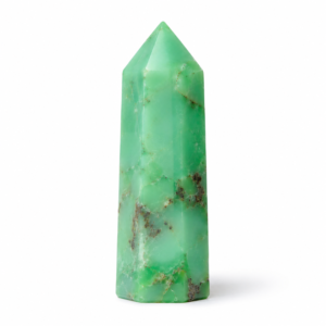 Natural green Chrysoprase crystal obelisk pencil tower with polished facets and unique mineral inclusions