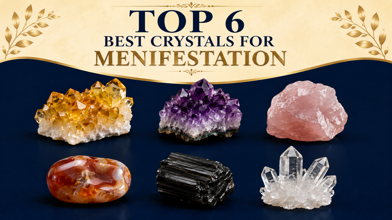 Top 6 Best Crystals For Manifestation including Citrine, Clear Quartz, Pyrite, Green Aventurine, Rose Quartz and Amethyst