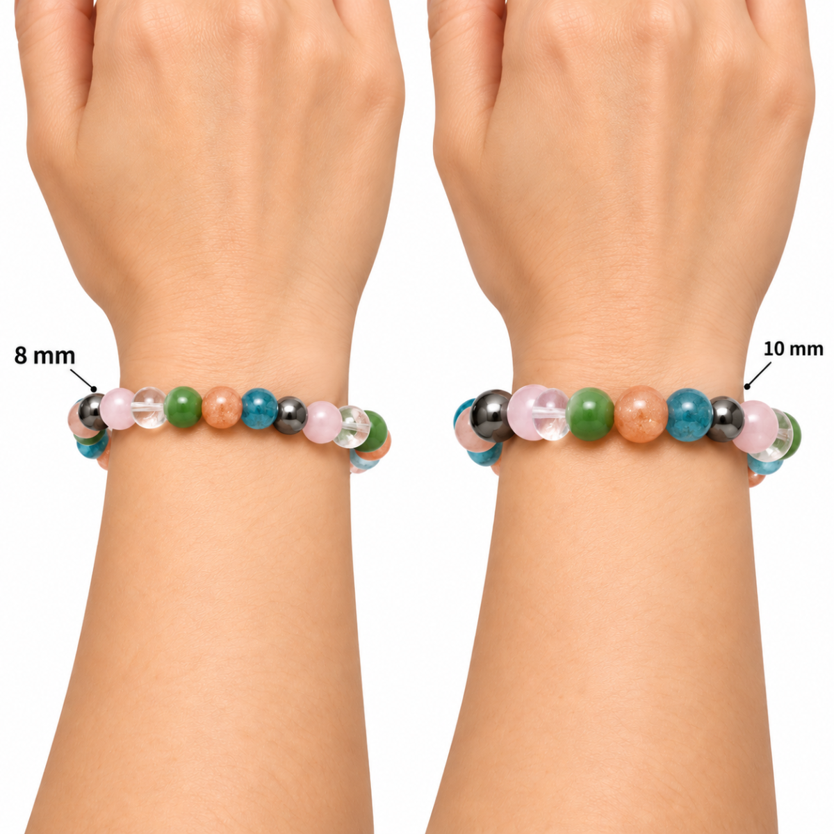 Natural Six-Stone Healing Crystal Bracelet – Hematite, Rose Quartz, Clear Quartz, Green Jade, Sunstone & Apatite - Image 3