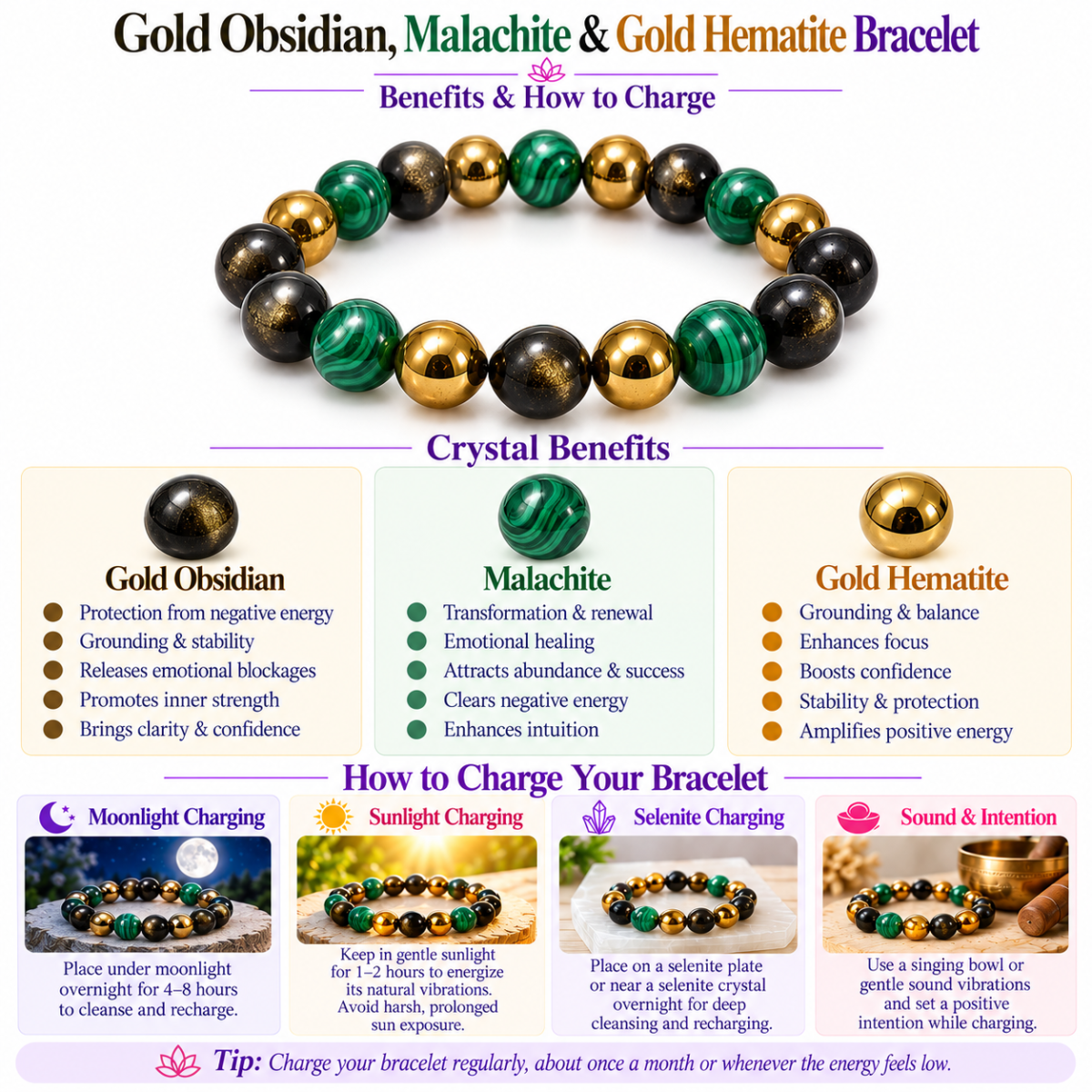 Transformation Crystal Bracelet Combination – Gold Obsidian, Malachite & Gold Hematite - Image 6