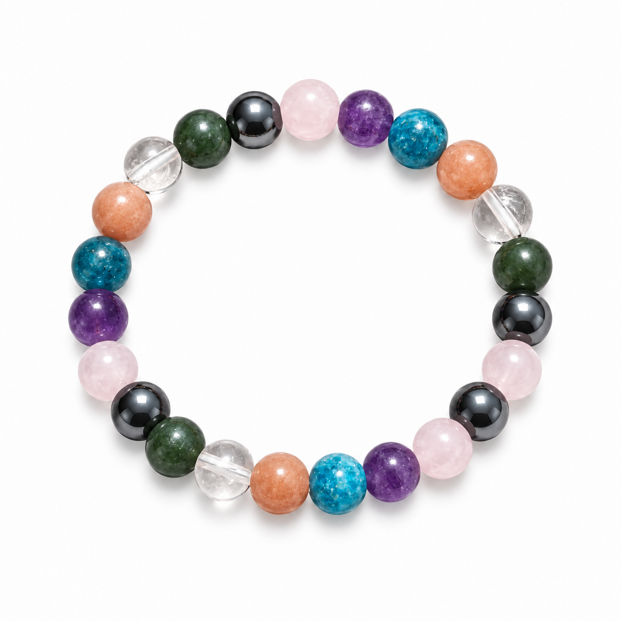 Natural 6 Stone Healing Crystal Bracelet | Hematite, Rose Quartz, Clear Quartz, Green Jade, Sunstone & Apatite Natural healing crystal bracelet featuring Hematite, Rose Quartz, Clear Quartz, Green Jade, Sunstone and Apatite round gemstone beads on a white background.