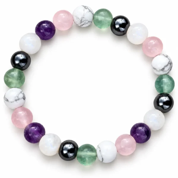 Natural Insomnia Crystal Bracelet featuring Amethyst, Rose Quartz, Hematite, Howlite, Moonstone and Fluorite round gemstone beads in 8mm and 10mm sizes.