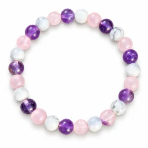 Natural Amethyst, Rose Quartz and Howlite Anxiety Relief Crystal Bracelet featuring purple, pink and white round gemstone beads for calmness and positive energy.
