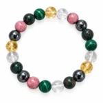 Natural Bloodstone, Clear Quartz, Rhodonite, Hematite, Citrine and Malachite six-stone crystal bracelet featuring round gemstone beads in 8mm and 10mm sizes.