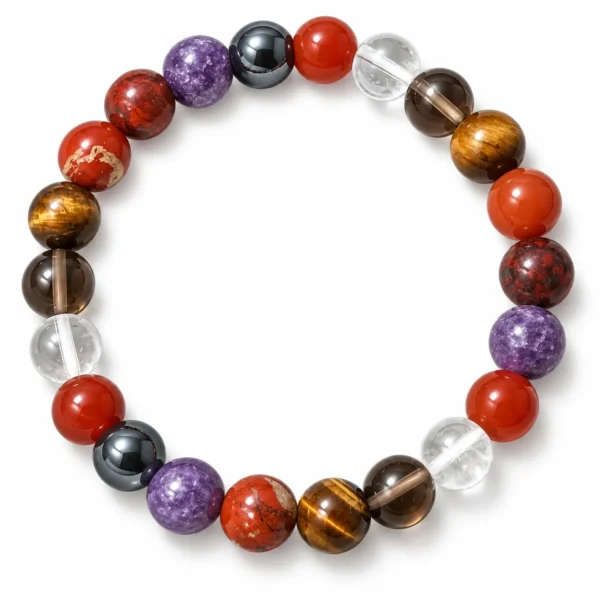 Natural Energy & Vitality Crystal Bracelet featuring Lepidolite, Carnelian, Hematite, Red Jasper, Smoky Quartz, Clear Quartz and Tiger Eye round gemstone beads in 8mm and 10mm sizes.