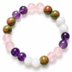 Natural Fertility Crystal Bracelet featuring Rose Quartz, Unakite, Amethyst and Moonstone round gemstone beads in 8mm and 10mm sizes.