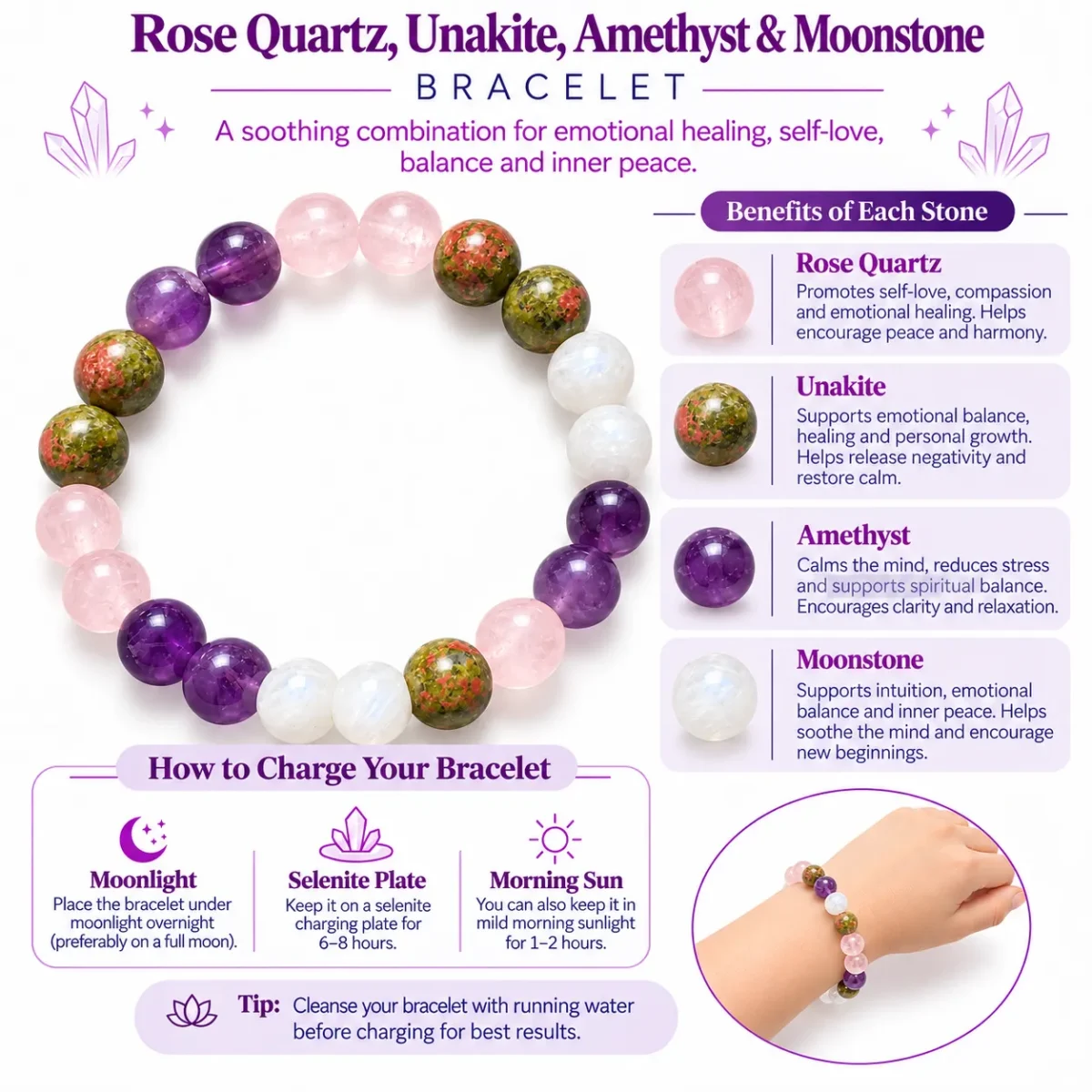 Natural Rose Quartz, Unakite, Amethyst & Moonstone Combination Bracelet - Fertility Crystal Bracelet - Image 4