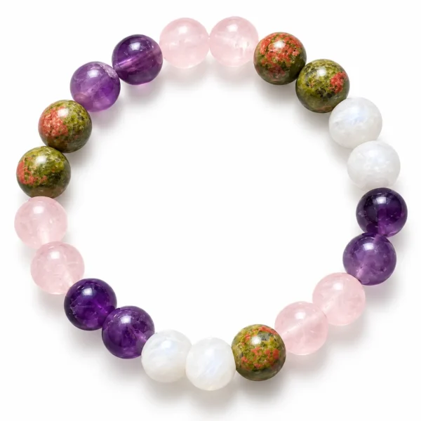 Natural Fertility Crystal Bracelet featuring Rose Quartz, Unakite, Amethyst and Moonstone round gemstone beads in 8mm and 10mm sizes.