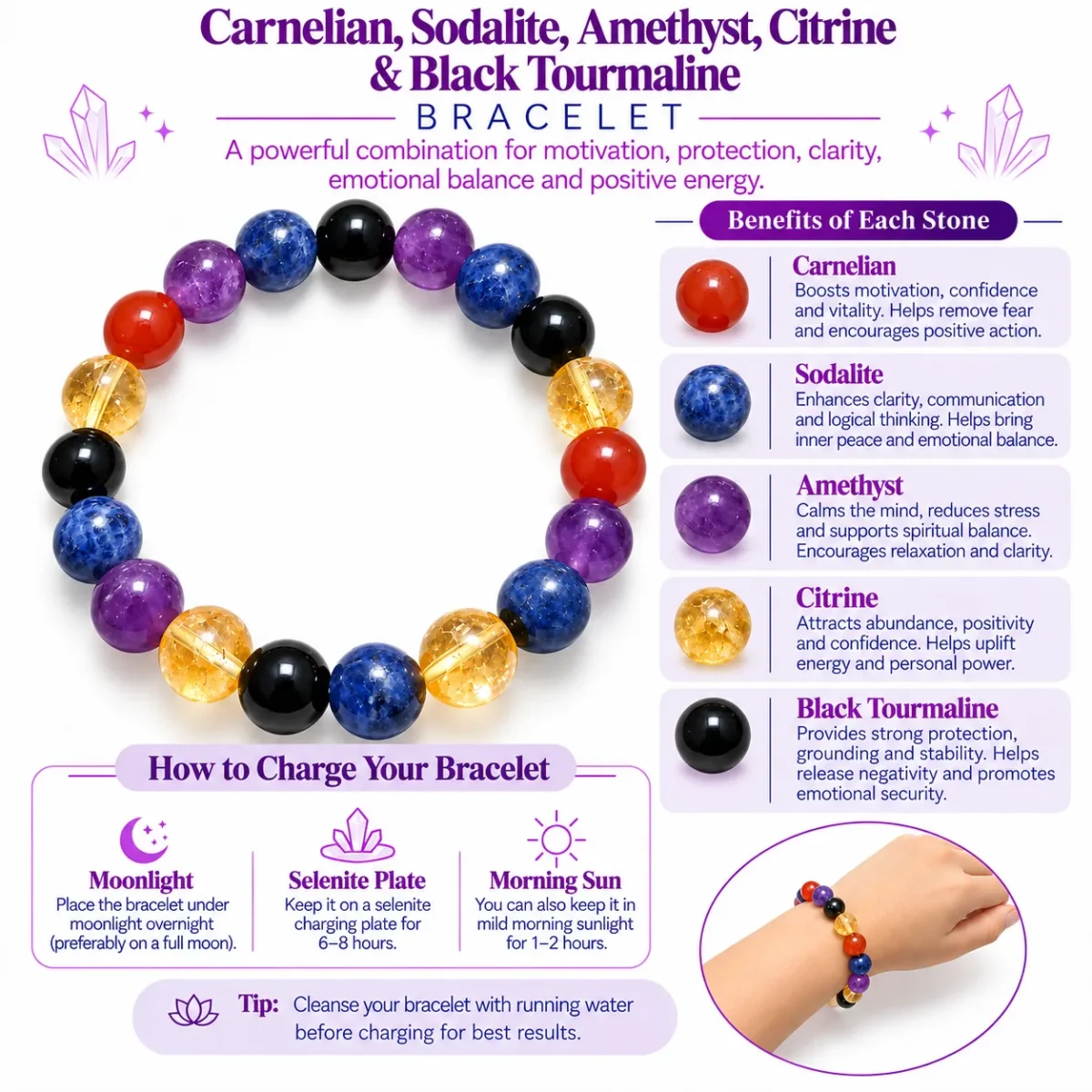 Natural IBS Crystal Bracelet – Carnelian, Sodalite, Amethyst, Citrine & Black Tourmaline | Pure Gems World - Image 4