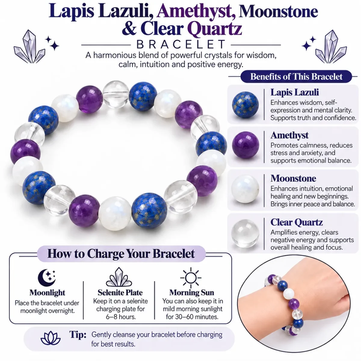 Natural Lapis Lazuli, Amethyst, Moonstone, and Clear Quartz Combination Bracelet For Migraine Support - Image 4