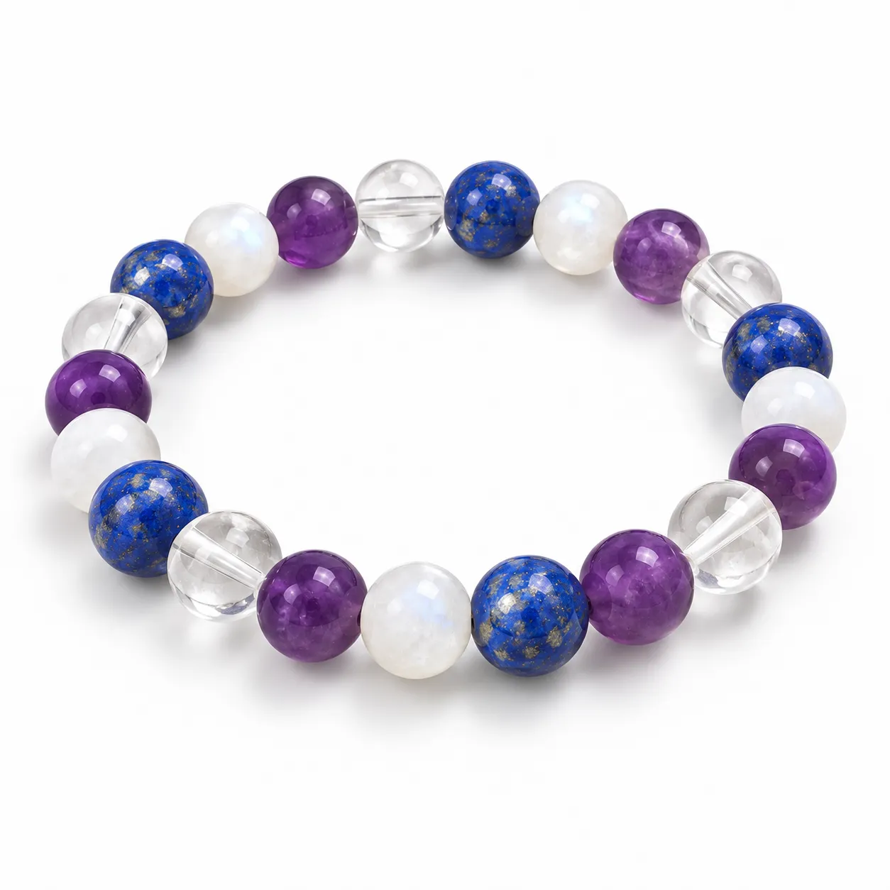 Natural Lapis Lazuli, Amethyst, Moonstone, and Clear Quartz Combination Bracelet For Migraine Support Natural Lapis Lazuli, Amethyst, Moonstone and Clear Quartz combination crystal bracelet for migraine support, relaxation and calming energy by Pure Gems World.