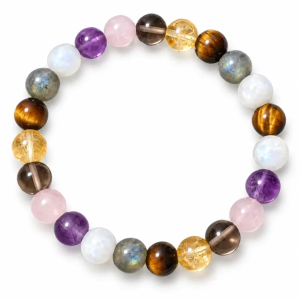 Natural Hormonal Balance Crystal Bracelet featuring Moonstone, Labradorite, Tiger Eye, Citrine, Amethyst, Rose Quartz and Smoky Quartz round gemstone beads in 8mm and 10mm sizes.