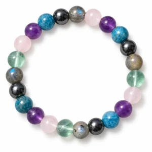 Natural Arthritis & Sciatica Support Crystal Bracelet featuring Rose Quartz, Amethyst, Apatite, Hematite, Fluorite and Labradorite round gemstone beads.