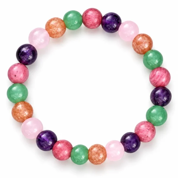 Natural Confidence Crystal Bracelet featuring Rose Quartz, Sunstone, Amethyst, Green Aventurine and Rhodonite round gemstone beads in 8mm and 10mm sizes.