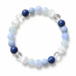 Natural Calm Communication Crystal Bracelet featuring Selenite, Angelite, Aquamarine, Blue Lace Agate, Sodalite and Clear Quartz round gemstone beads in 8mm and 10mm sizes.