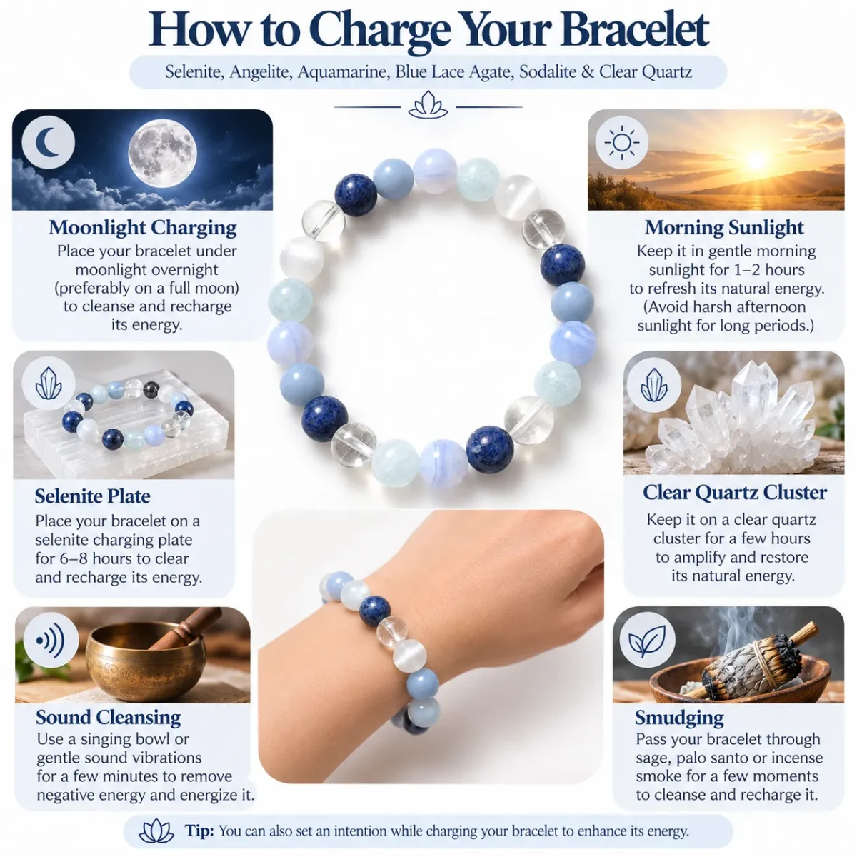 Natural Selenite, Angelite, Aquamarine, Blue Lace Agate, Sodalite & Clear Quartz - Calm Communication Crystal Bracelet - Image 4
