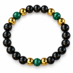 Natural Black Obsidian, Green Malachite and Golden Hematite Crystal Bracelet with round polished beads on a clean white background.