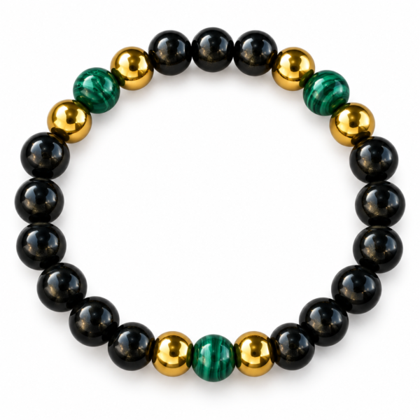 Natural Black Obsidian, Green Malachite and Golden Hematite Crystal Bracelet with round polished beads on a clean white background.