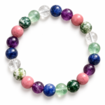Natural Study Support Crystal Bracelet featuring Clear Quartz, Sodalite, Amethyst, Rhodonite, Fluorite and Tree Agate round gemstone beads on a white background.