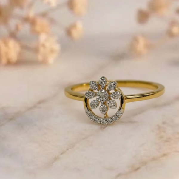 Elegant gold flower motif CVD diamond ring with sparkling floral design and premium finish
