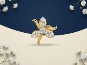 Aurelia Trio Petal Diamond Nose Pin featuring a three-petal floral design adorned with sparkling diamonds.