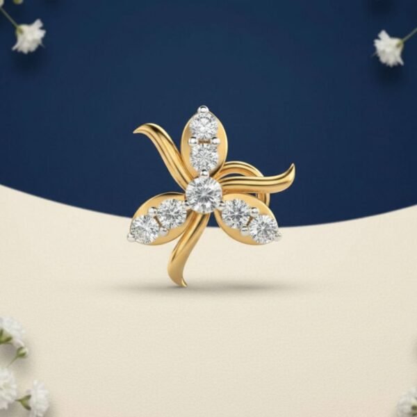 Aurelia Trio Petal Diamond Nose Pin featuring a three-petal floral design adorned with sparkling diamonds.