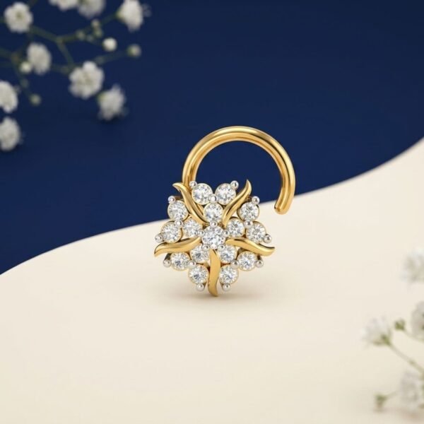 Blooming Leaf Diamond Nose Ring featuring leaf-inspired detailing with sparkling diamonds in an elegant design.