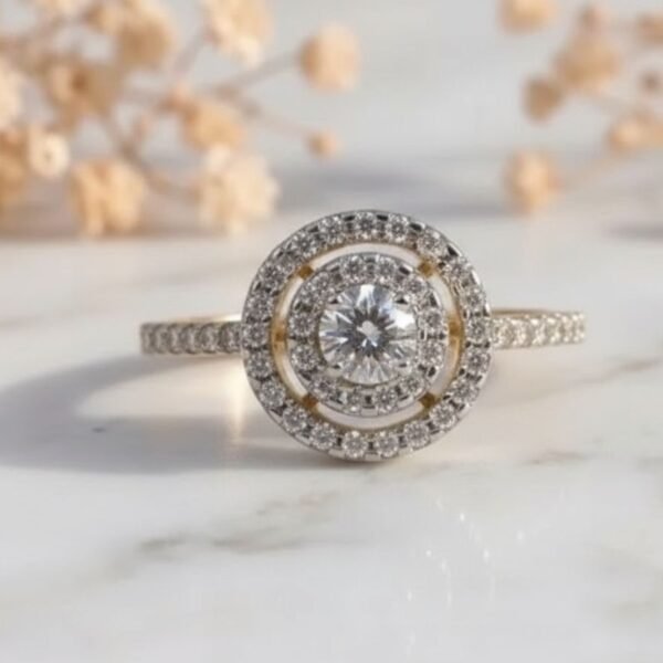 Celestial Swirl Double Halo Round Diamond Ring featuring a round center diamond with a swirling double halo design.