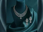 Celestial Triple Cascade Diamond Necklace Set with layered cascading diamonds and matching earrings in an elegant statement desig