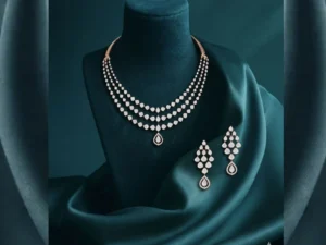 Celestial Triple Cascade Diamond Necklace Set with layered cascading diamonds and matching earrings in an elegant statement desig