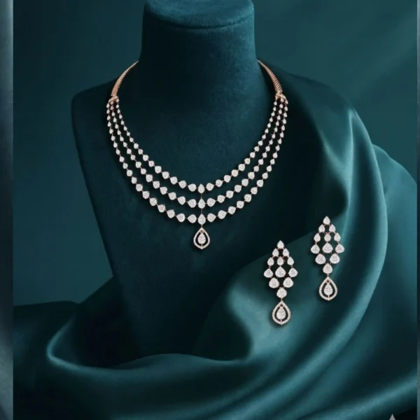 Celestial Triple Cascade Diamond Necklace Set with layered cascading diamonds and matching earrings in an elegant statement desig