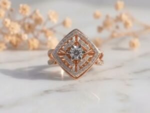 Cushion Cut Halo Floral Split Shank Diamond Ring featuring a cushion-cut center stone, floral halo, and split shank band.