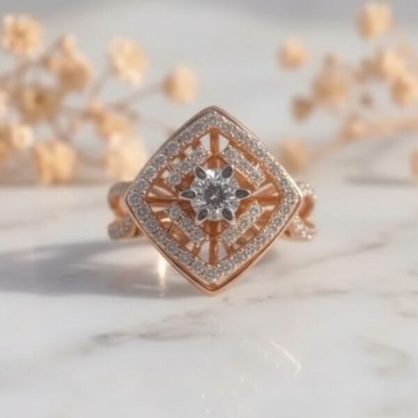 Cushion Cut Halo Floral Split Shank Diamond Ring featuring a cushion-cut center stone, floral halo, and split shank band.