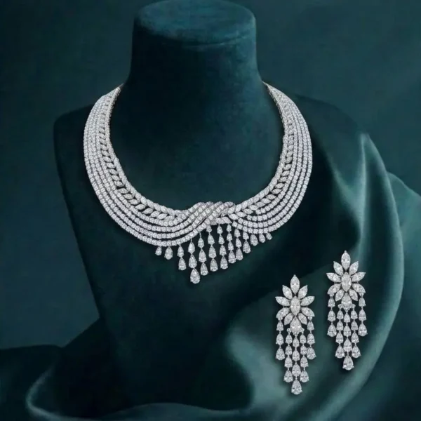 Diamond Draped Cascade Necklace Set featuring layered cascading diamonds with matching earrings in an elegant statement design.