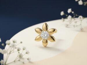 Elysian Bloom Diamond Nose Ring featuring a floral-inspired CVD diamond design with elegant sparkle.