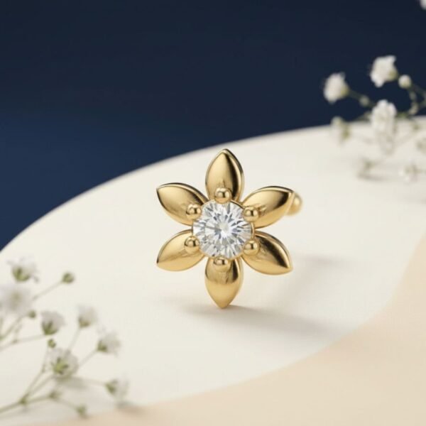 Elysian Bloom Diamond Nose Ring featuring a floral-inspired CVD diamond design with elegant sparkle.