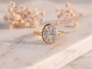 Oval floral cluster lab grown diamond ring with elegant diamond detailing