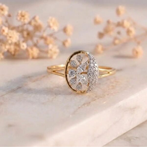 Oval floral cluster lab grown diamond ring with elegant diamond detailing