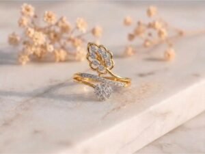Leaf and blossom diamond ring with lab grown diamonds and nature-inspired design