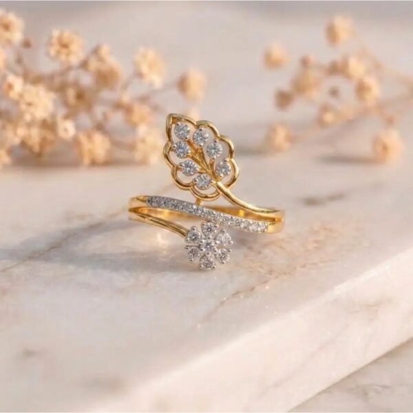Leaf and blossom diamond ring with lab grown diamonds and nature-inspired design