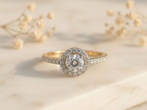 Luna Halo Diamond Ring featuring a brilliant center diamond surrounded by a sparkling halo in an elegant setting.