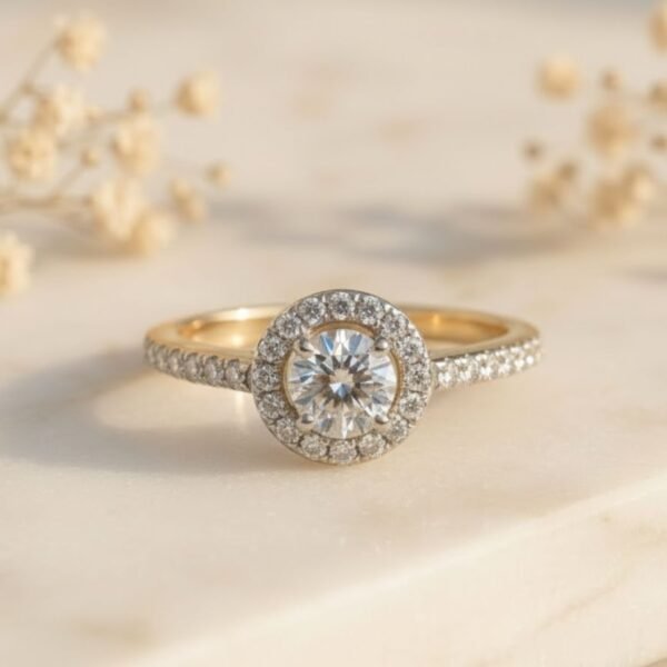 Luna Halo Diamond Ring featuring a brilliant center diamond surrounded by a sparkling halo in an elegant setting.